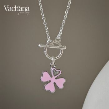 Pink Enamel Four Leaf Clover Toggle Necklace, 2 of 6