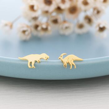 Mismatched Parasaurolophus And T Rex Dinosaur Stud Earrings In Sterling Silver, 5 of 11