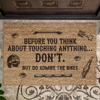 Motorbike Look But Don't Touch Garage Shed Door Mat, 2 of 2