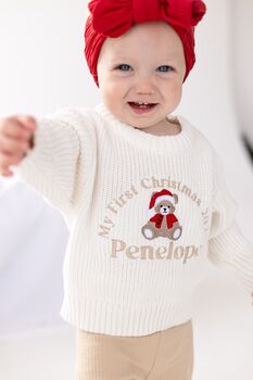 My First Christmas Bear Personalised Embroidered Knitted Jumper, 4 of 6