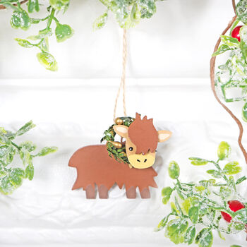 Christmas Tree Highland Baby Cow Coo Hanging Decoration, 2 of 3