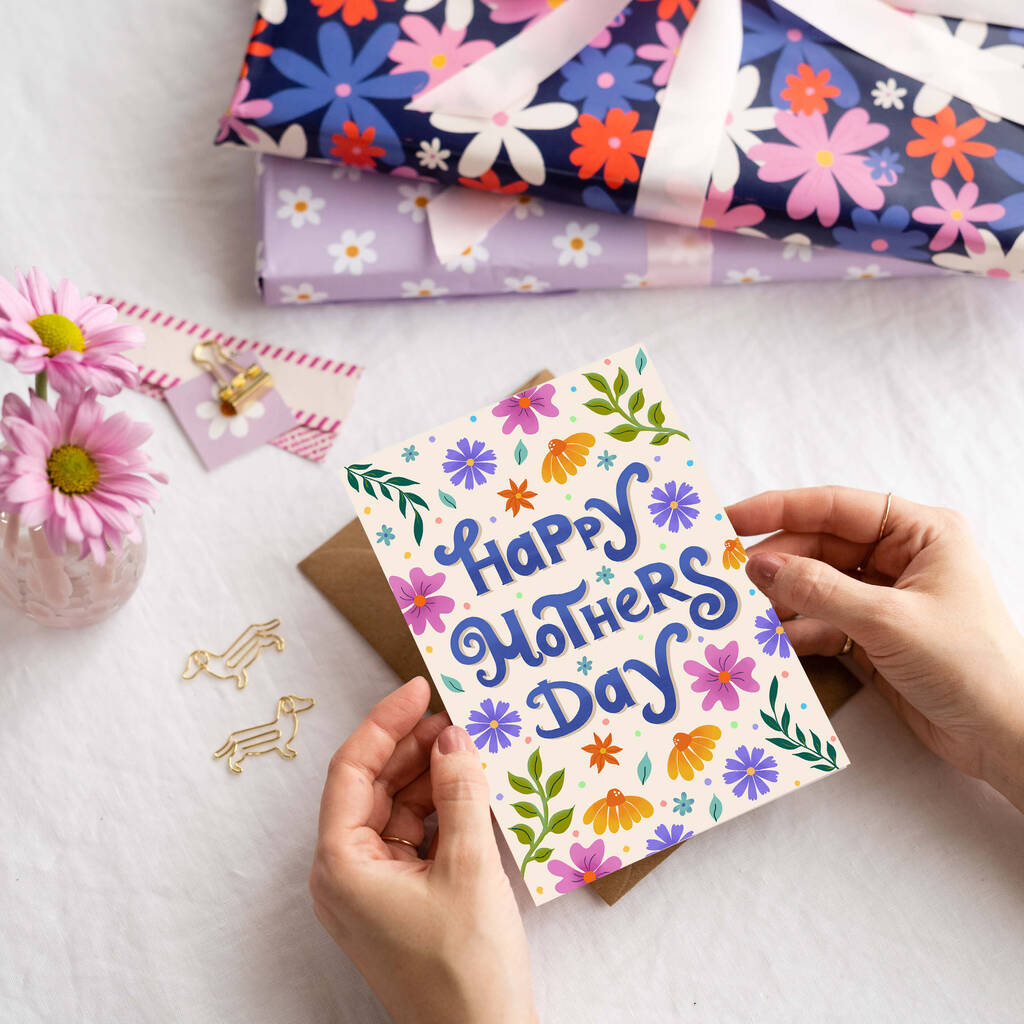 Happy Mothers Day Card Floral Hand Lettered Card By Tikkled Pink