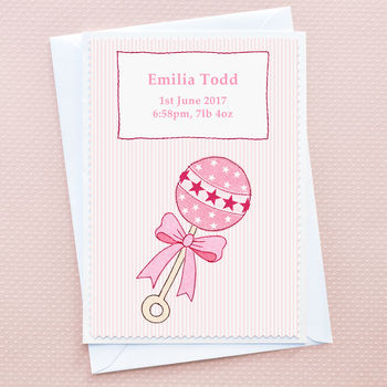 'Baby Girl Rattle' Personalised New Baby Card, 2 of 3