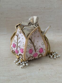 Pink Handcrafted Raw Silk Potli Bag/Wrist Bag, 7 of 8