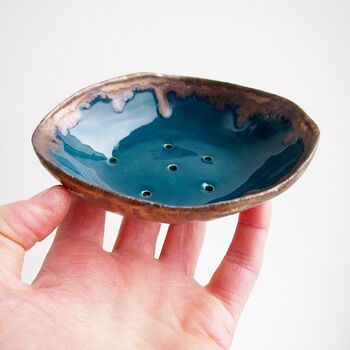 Handmade Teal And Gold Oval Pottery Soap Dish, 3 of 7