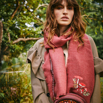 Mushroom Embroidered Burgundy Pashmina Scarf, 2 of 5