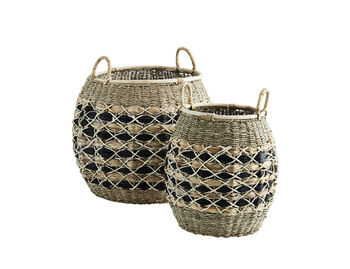 Round Natural And Black Wicker Baskets With Handles, 2 of 4