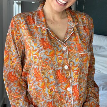 Handmade Silk Pyjamas Long Sleeve Orange Paisley, 12 of 12