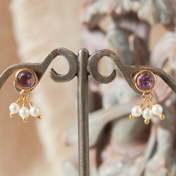 Purple Amethyst And Pearl 18 K Gold And Silver Stud Drops, 6 of 7