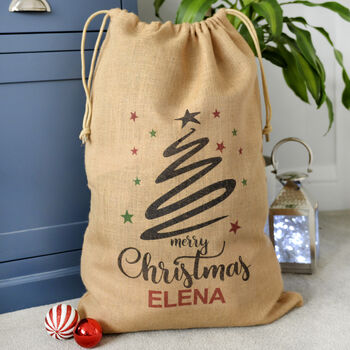 Personalised Christmas Tree Black Swirl Hessian Sack, 2 of 2