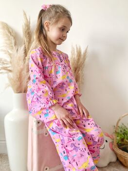 Girls Pink Dinosaur Cotton Pyjama Set Long, 4 of 6