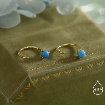 Natural Turquoise Huggie Hoop Threader Earrings In Sterling Silver, 4 of 11