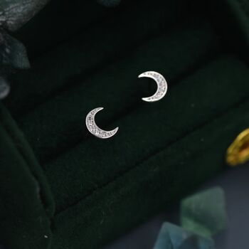 Cz Crescent Moon Stud Earrings In Sterling Silver, 5 of 11