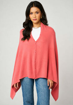 Coral Pink 100% Cashmere Multi Ways Button Poncho Shawl Gift Boxed, 3 of 9