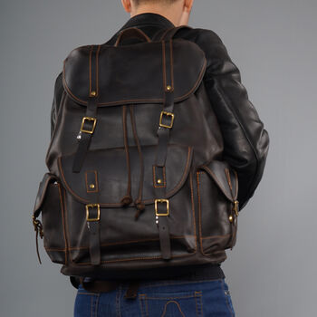 Military Style Genuine Leather Backpack In Tan, 3 of 12