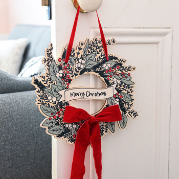 Wooden Christmas Wreath With Velvet Ribbon Decoration, 2 of 11