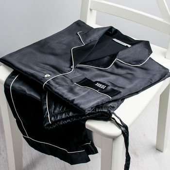 Black Satin Pyjama Set With Embroidered Initials, 2 of 10