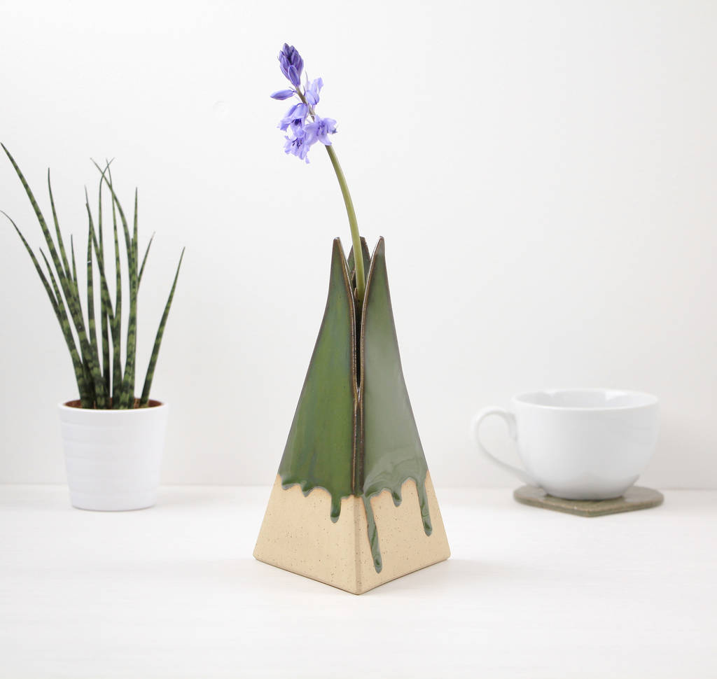 Handmade Ceramic Pyramid Vase With Drippy Green Glaze By Old