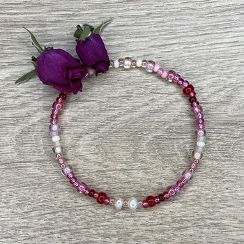 Ombre Red And Pink Beaded Bracelet With Pearls, 2 of 8