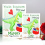 Personalised Mummy Daddy Dinosaur Christmas Card, thumbnail 1 of 8
