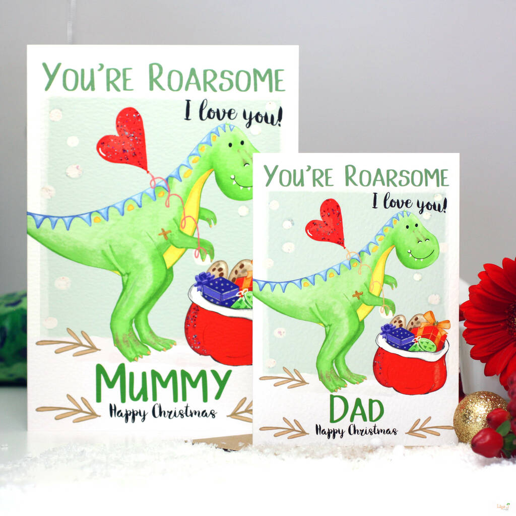 Personalised Mummy Daddy Dinosaur Christmas Card, 1 of 8