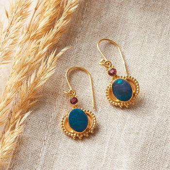 Blue Opal Estrucan Style Gold Plated Silver Earrings, 3 of 6