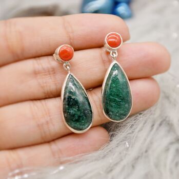 Green Emerald, Coral Sterling Silver Earrings, 7 of 9