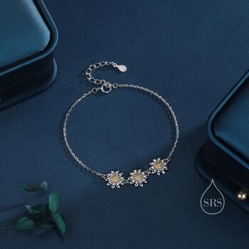 Daisy Flower Trio Bracelet In Sterling Silver, 4 of 8