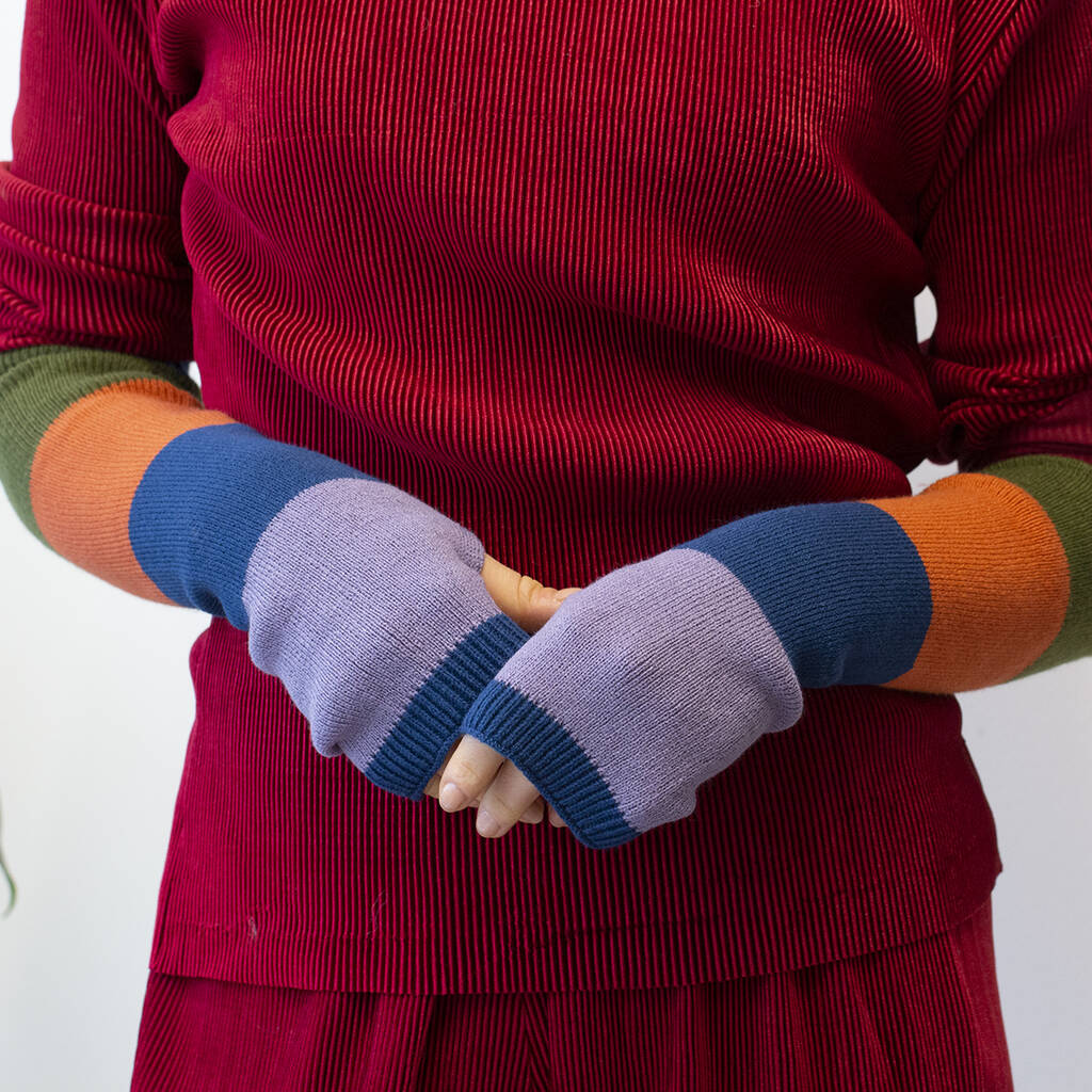 Striped Knit Fingerless Long Gloves By Studio Hop