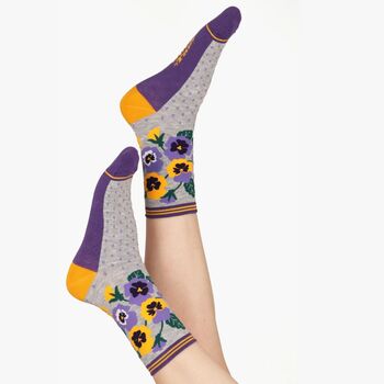 Women's Bamboo Socks Grey Purple Pansy, 2 of 7