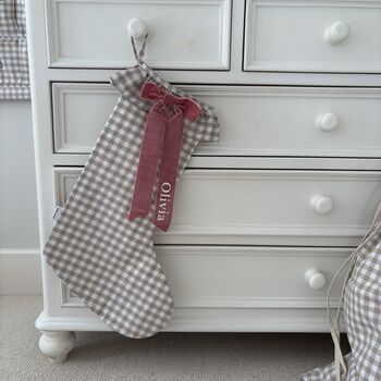 Personalised Beige Gingham Stocking Velvet Bow, 4 of 10