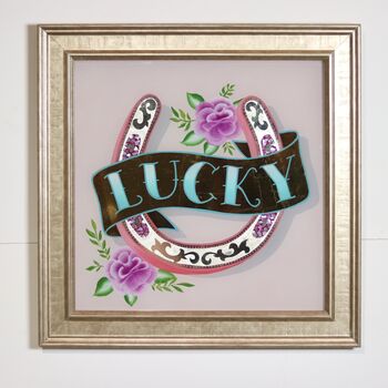 Lucky Horseshoe Reverse Glass Gold Leaf Wall Art Sign, 3 of 10
