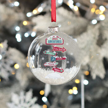 North Pole Signpost Travel Adventures Christmas Snow Filled Glass Bauble, 3 of 6