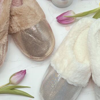 Fluffy Faux Fur Slippers For Her – Silver Or Gold Sparkly Cosy Slippers, 9 of 12