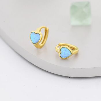 Blue Opal Heart Huggie Hoop Earrings Sterling Silver, 6 of 12