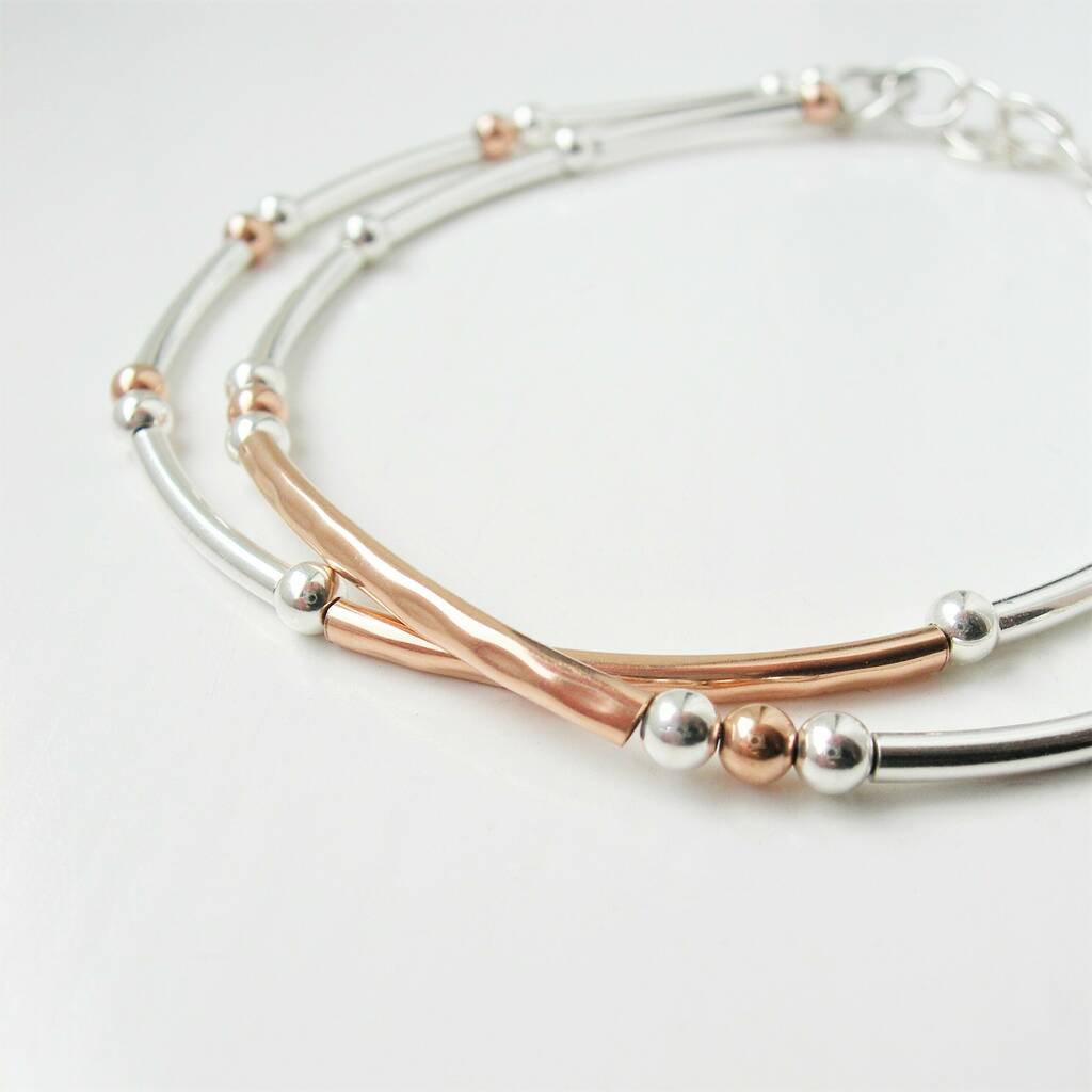 Double Stranded Silver And Rolled Rose Gold Bracelet By Hazey Designs