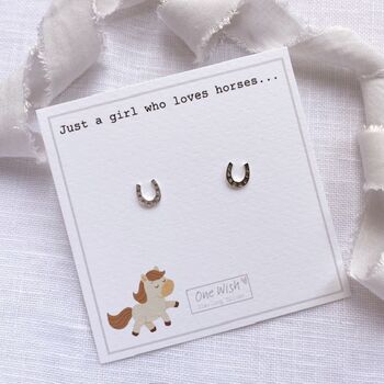 Horseshoe Small Stud Sterling Silver Earrings Just A Girl Who Loves Horses Giftcard, 2 of 9
