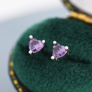Sterling Silver Tiny Amethyst Purple Cz Heart Stud Earrings, 4 of 12