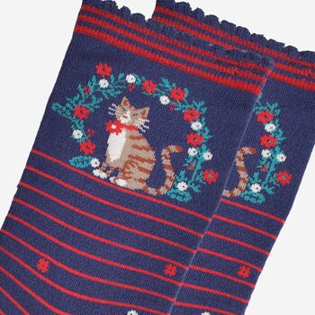 Women's Bamboo Socks Cat Floral Wreath, 3 of 5