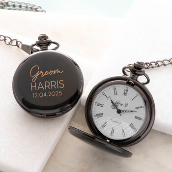 Personalised Black Script Wedding Fob Pocket Watch And Gift Box, 6 of 8