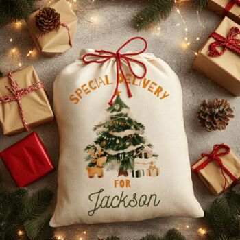 Personalised Christmas Sack Special Delivery Christmas Tree Design, 2 of 5