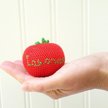 Personalised Crocheted Tomato Rattle New Baby Gift, 5 of 7