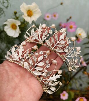 The Agatha Mini Crown Flower Girl Bridal Pearl Oak Leaf Tiara Headband, 3 of 11