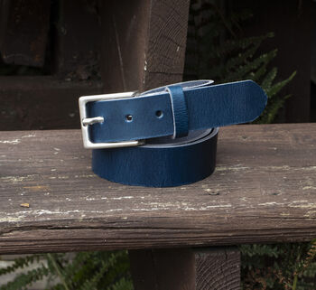 Handmade Mens Premium Leather Belt Blue 35mm Wide, 10 of 10