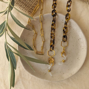 Ginger Tortoiseshell And Gold Paperclip Small Hexagon Glasses Chain, 3 of 6