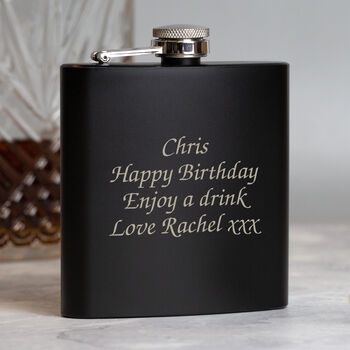 Personalised 6oz Black Message Hip Flask And Gift Box, 2 of 3