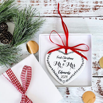 Mr And Mrs First Christmas Heart Decoration, 2 of 3