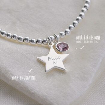 Sterling Silver Ball Slider Bracelet Personalised Mini Star And Birthstone, 2 of 10