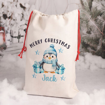 Personalised Penguin Large Christmas Santa Gift Sack, 2 of 3