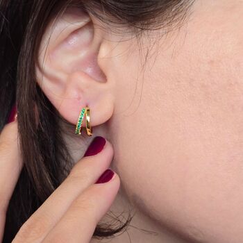 Emerald May Double Hoop Gold Plated Huggie Earrings, 3 of 4